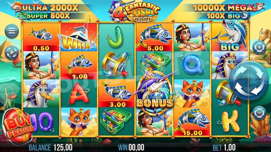 A casino slot on the Nile river with pyramids in the background.