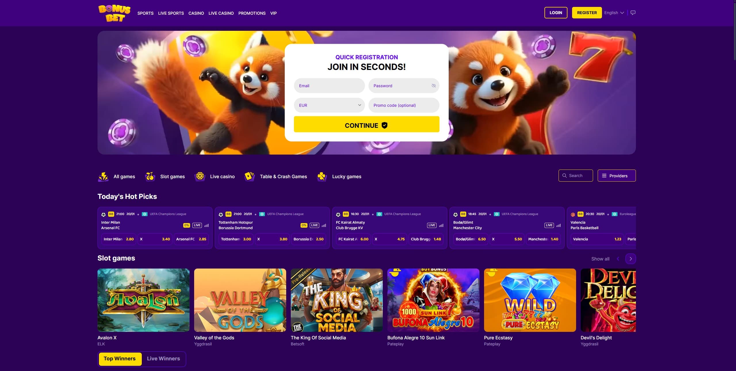 Bonusbet home page showing a selection of slots and betting stats