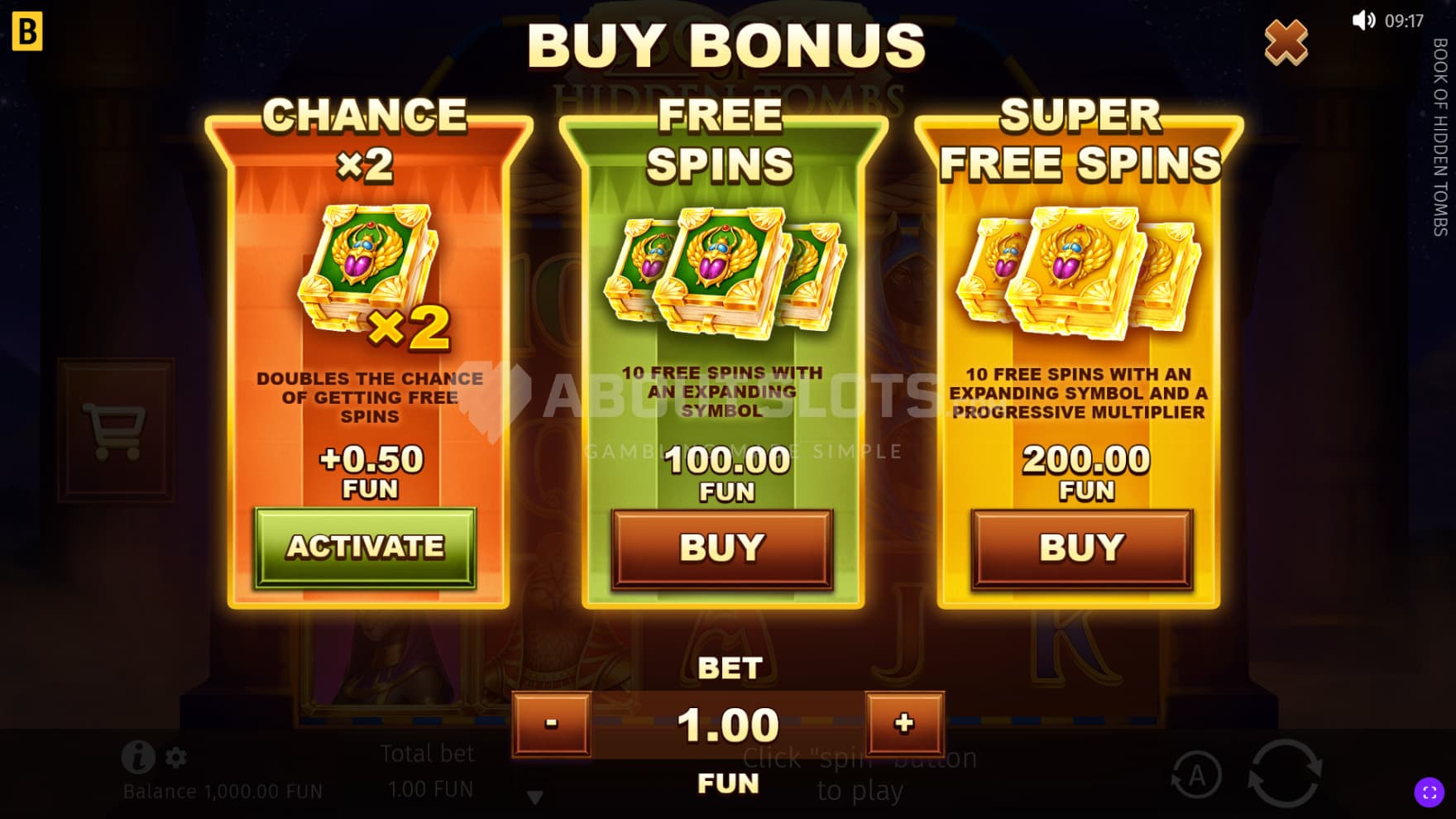 Pictured are 3 Feature Buy options, being 2X Chance and two bonus game options