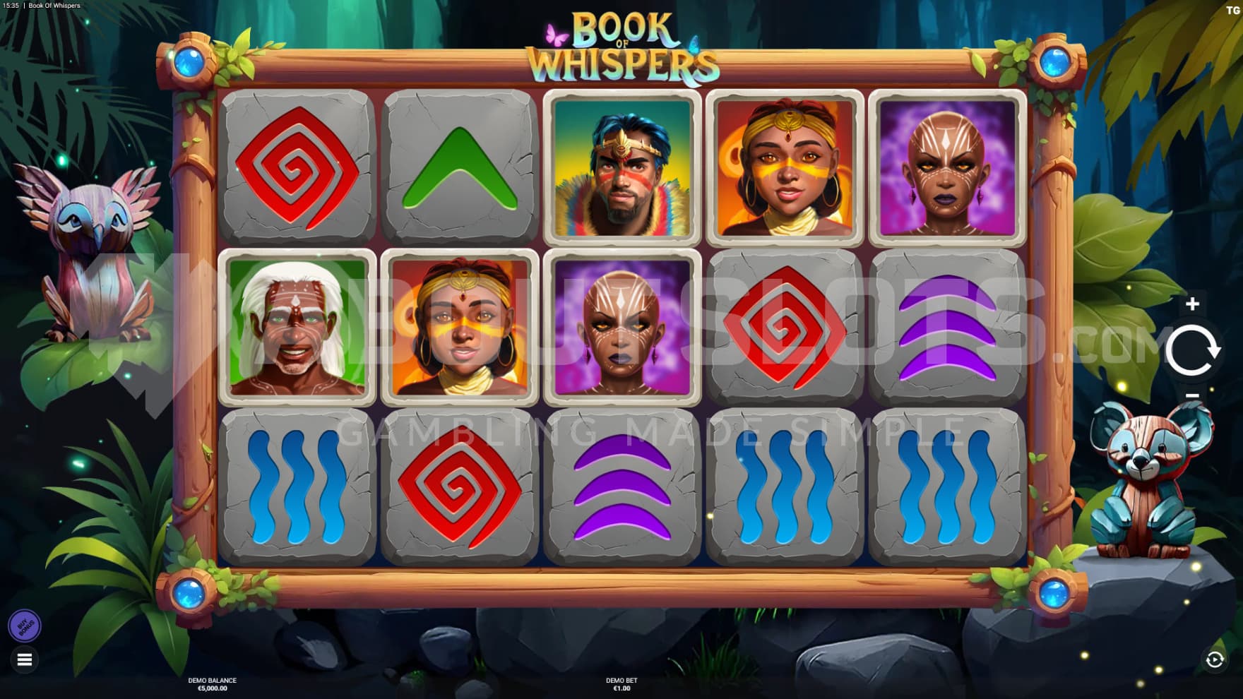 The playing grid is made out of wood with stone blocks acting as the symbols