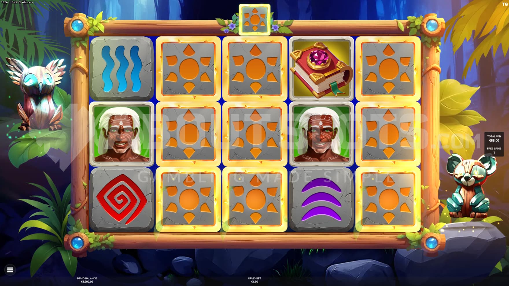 The wooden statues around the grid start floating and the symbols start expanding in the Free Spins