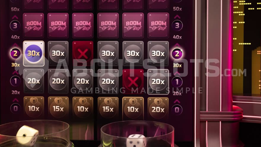 Boom or Bust feature with two dice placed at the bottom.