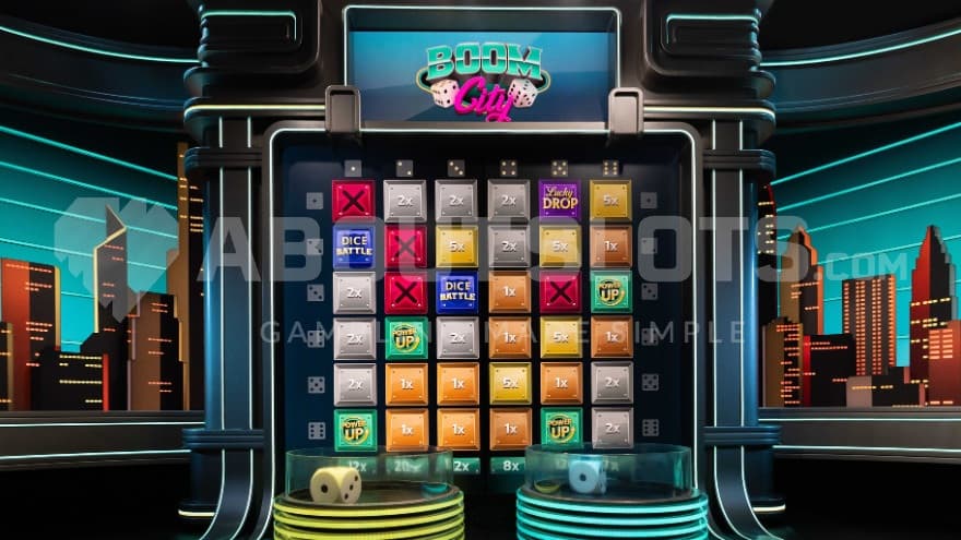 Base game with skyscrapers on the side of the reels.