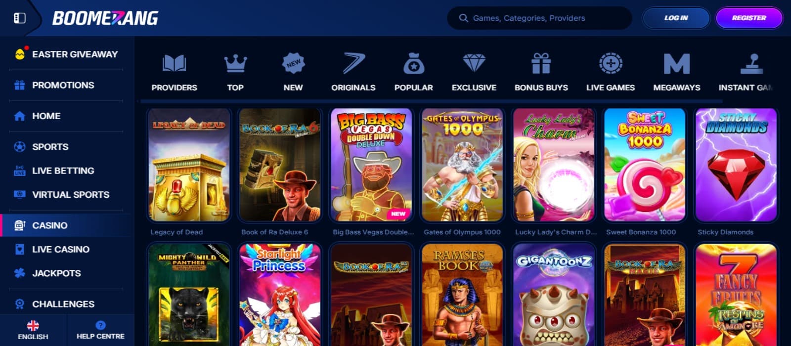 Boomerang-Bet Casino games page with the colorful slot game icons and left hand navigation panel along with the game category selection menus at the top