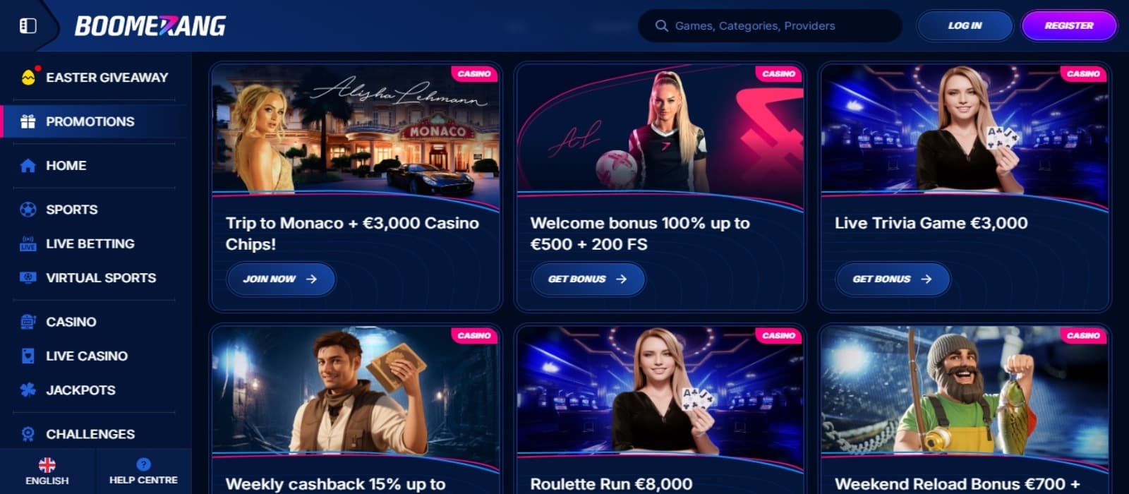 Boomerang-Bet Casino promotions page with the various bonus offer banners and left navigation panel