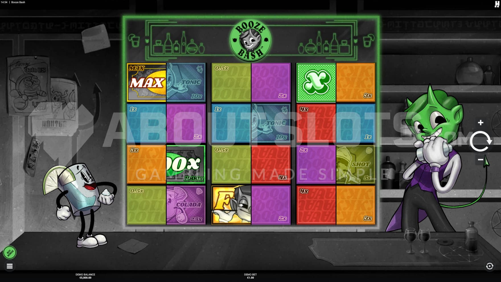 The friendly demon bartender and a glass of water stand next to the playing grid, accompanying you as you play