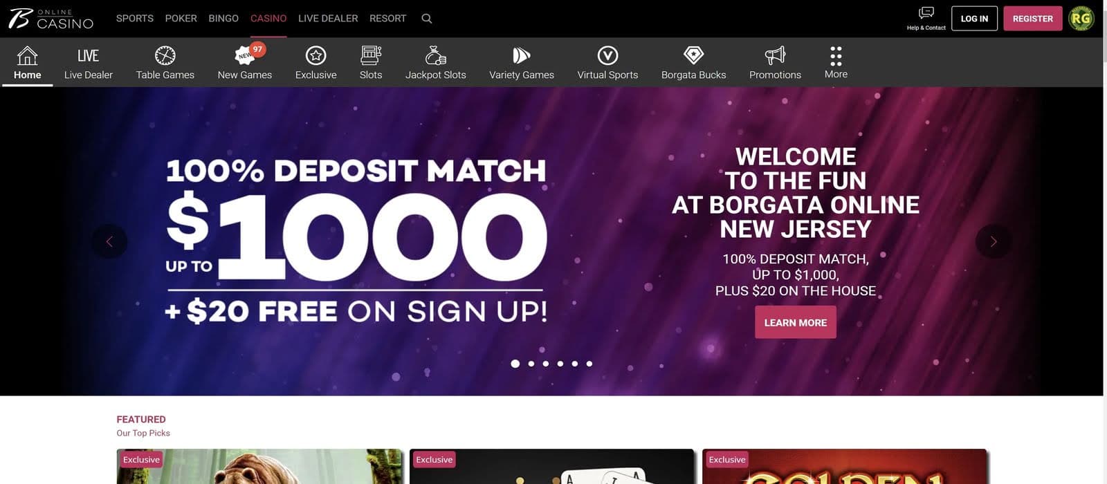 Bonus page of Borgata Casino with 100% bonus up to 1000 dollars