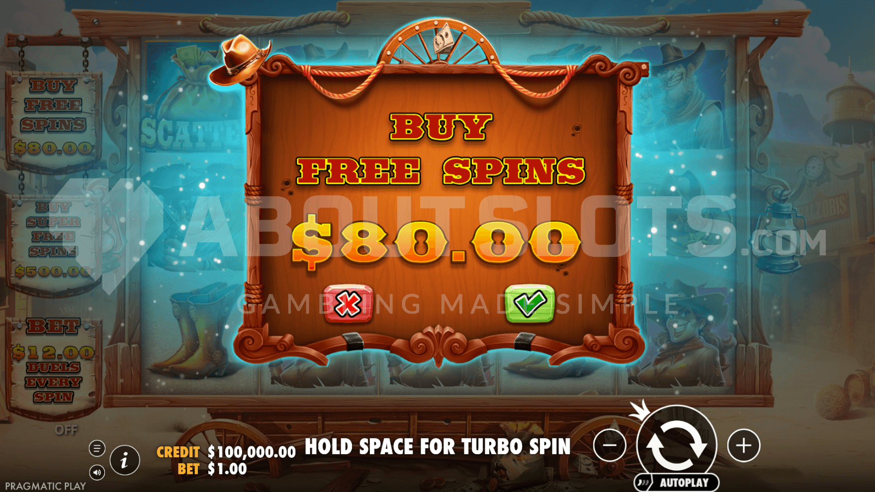 One of two Feature Buy option signs hang infront of the reels