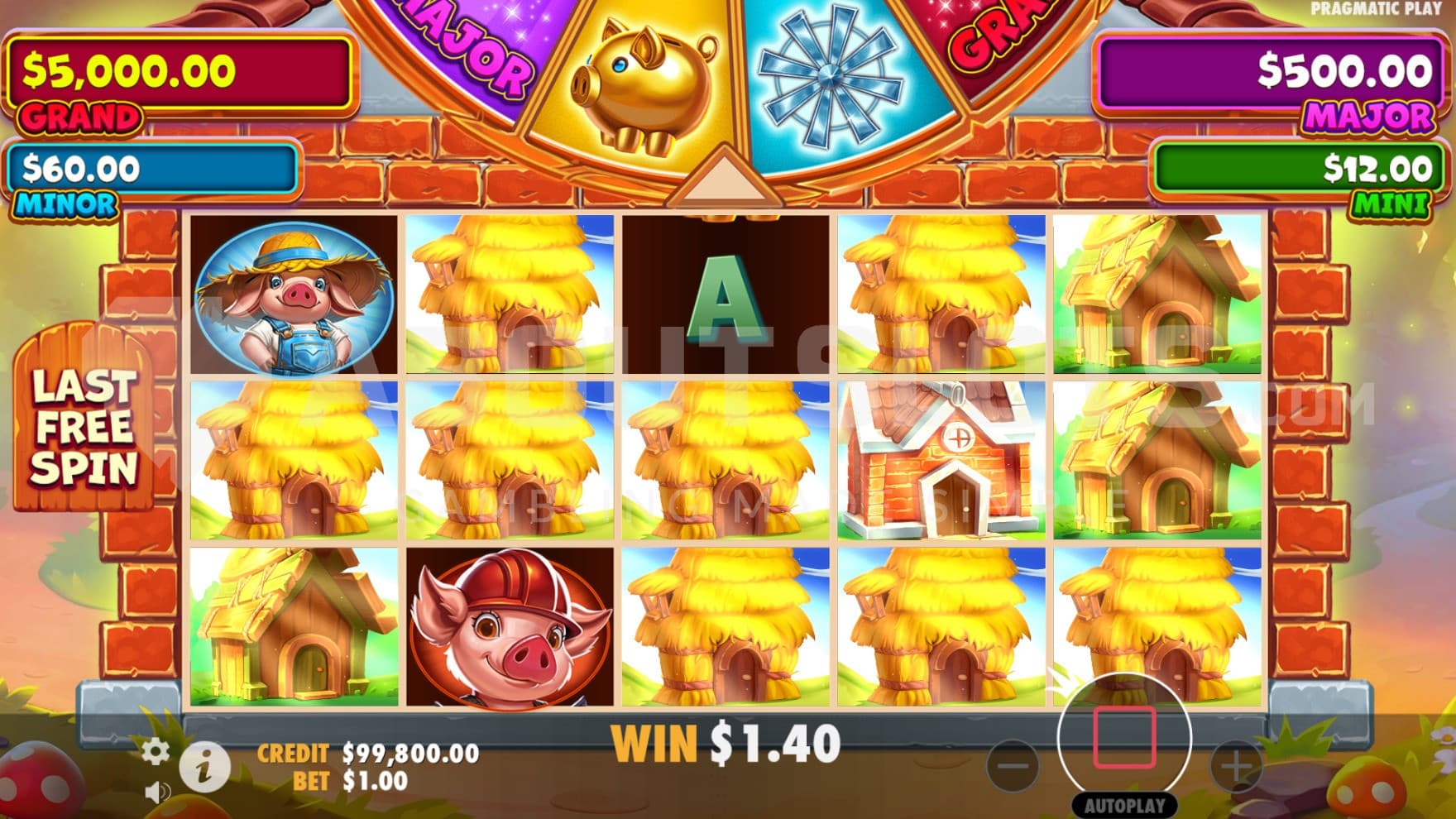 The end of the free spins feature with multiple built houses on the reels