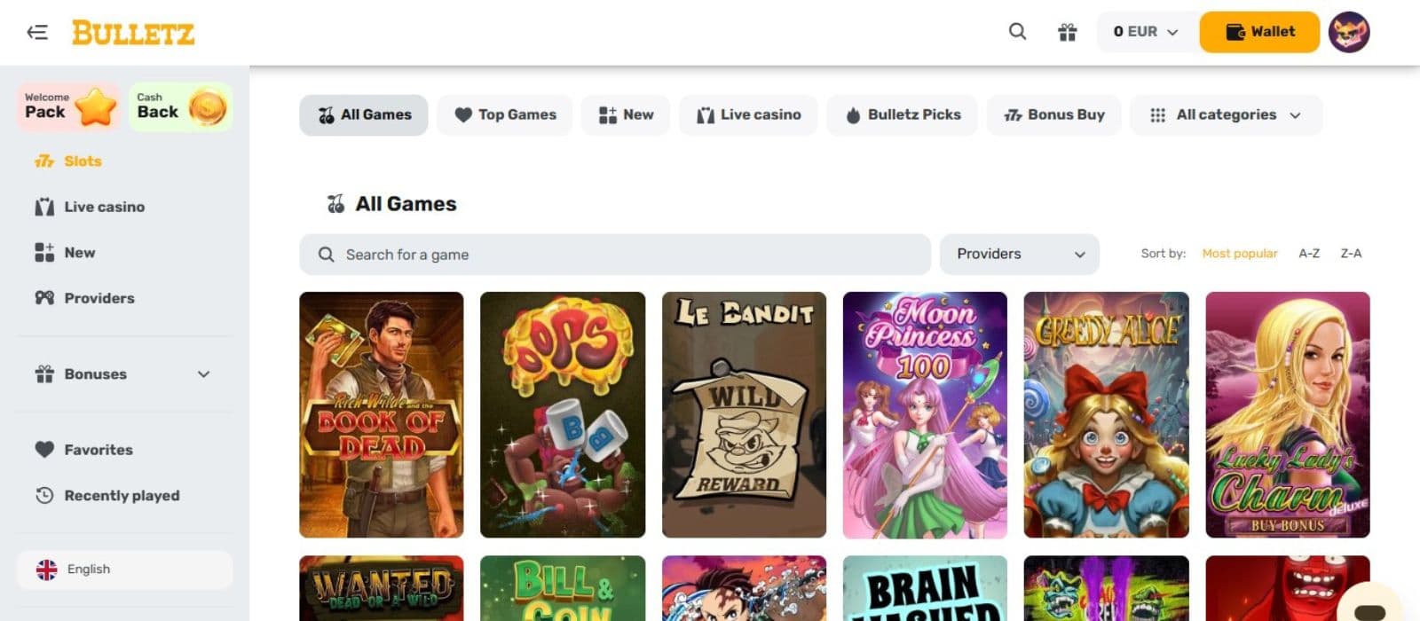 Bulletz Casino's slot games category, showing exciting titles such as Book of Dead and other games.