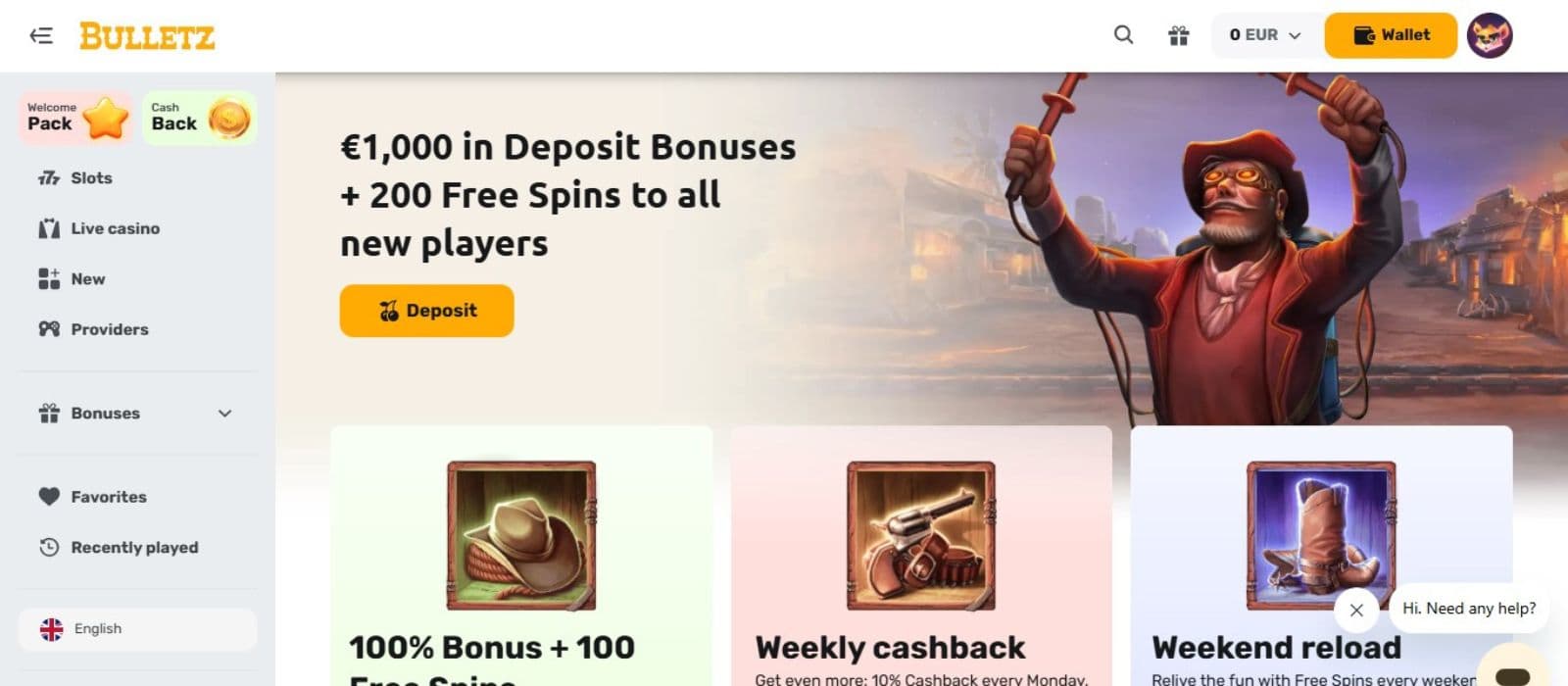 Bulletz Casino's homepage, showing the welcome package and a sidebar menu.