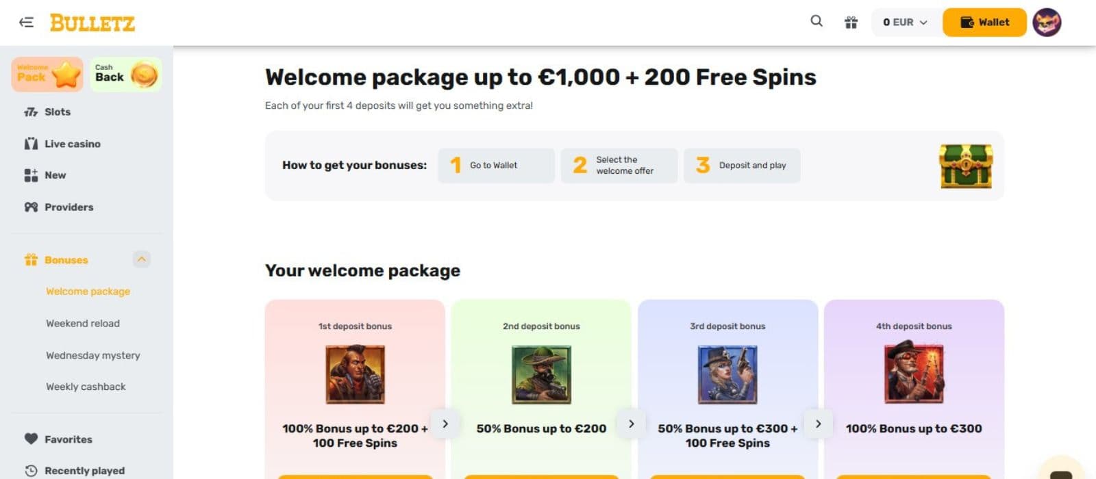 Bulletz Casino's promotion page, showing the 1st, 2nd, 3rd, and 4th deposit bonuses.