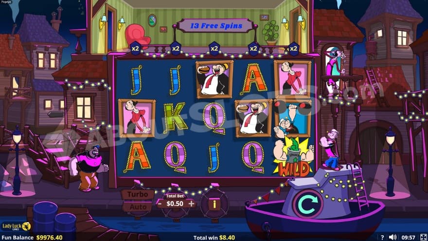 Free Spins feature where it is night time in the background.