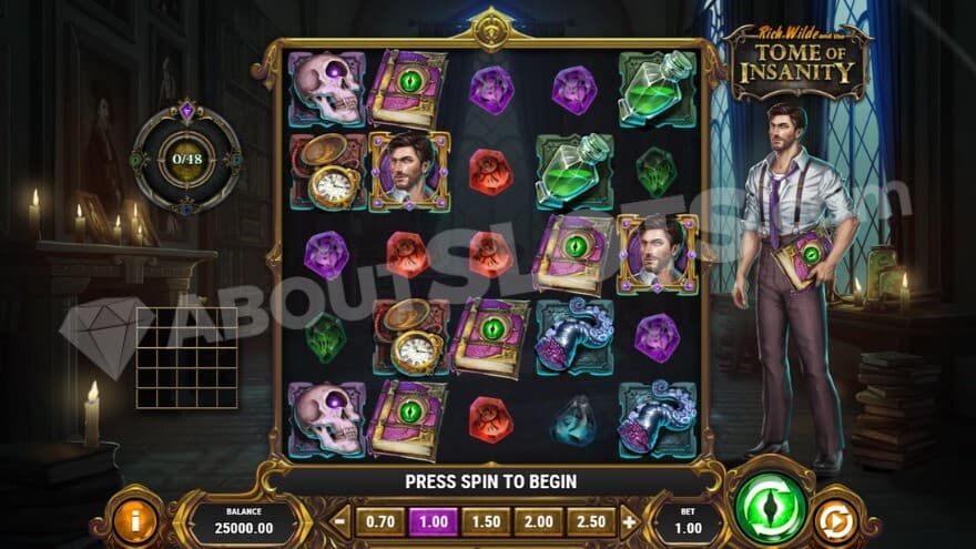 Base game with Rich Wilde on the right of the reels.