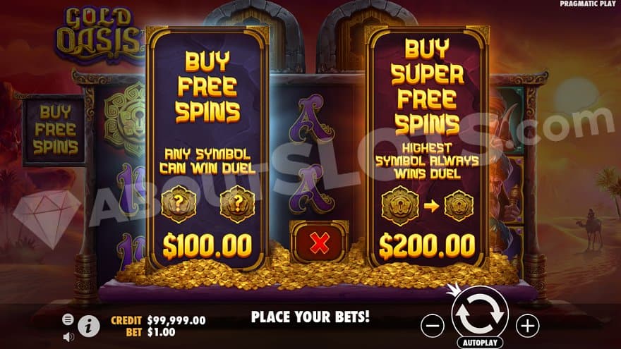 A menu offering the Free Spins for 100X the bet and the Super Free Spins for 200X the bet.