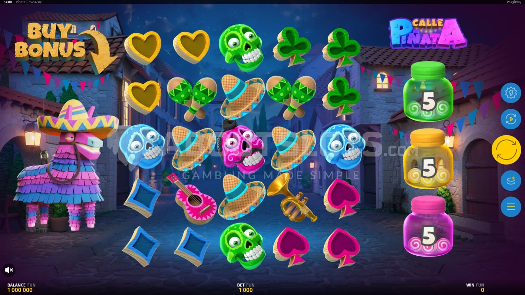 The pinata sits next to the playing grid, which is filled with a ton of smiling skulls