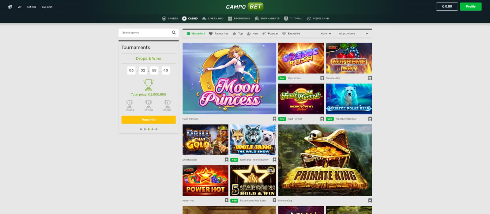 CampoBet Casino games lobby showing provider filters, search bar, category tabs, and featured slot titles.