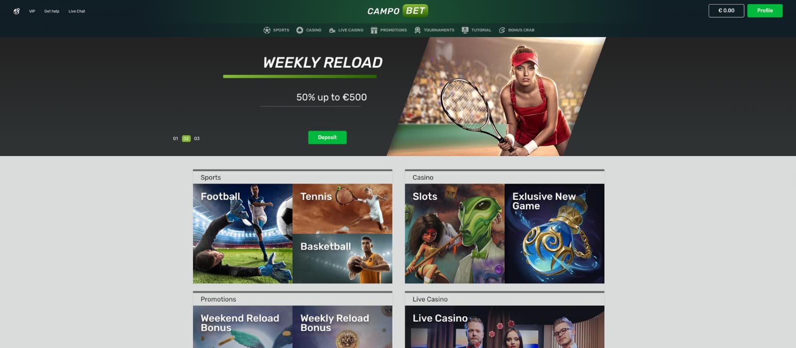 CampoBet Casino landing page showing sportsbook categories, casino sections, live casino access, and weekly reload promotion banners.