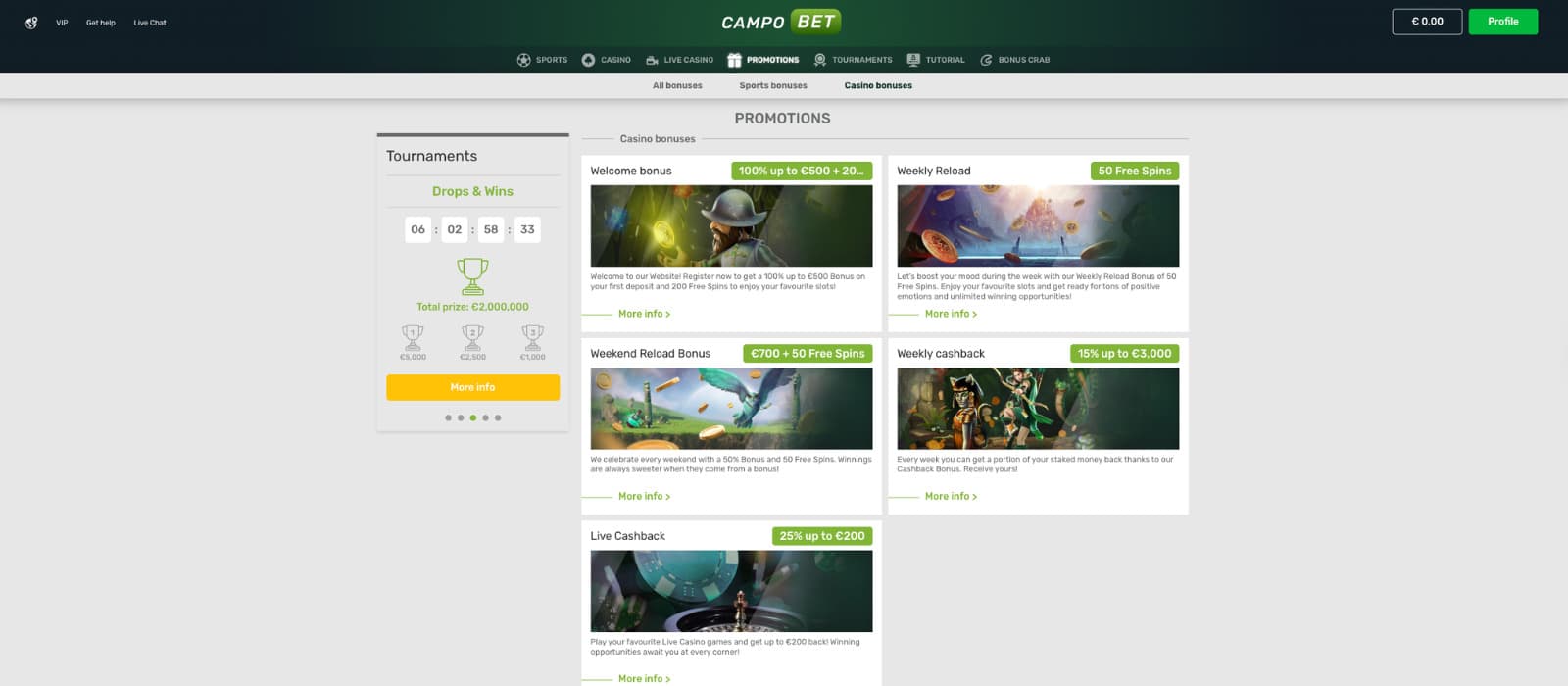 CampoBet Casino promotions page displaying welcome bonus, cashback offers, reload bonuses, and tournament promotions.