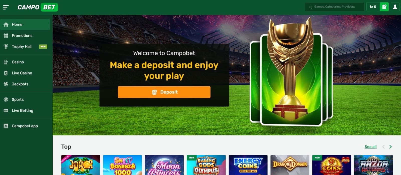 The landing page of Campobet Casino showcases the option to make a deposit and enjoy casino games.