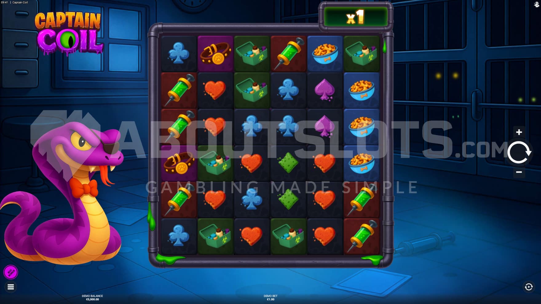 Captain Coil himself sits next to the playing grid as you spin away