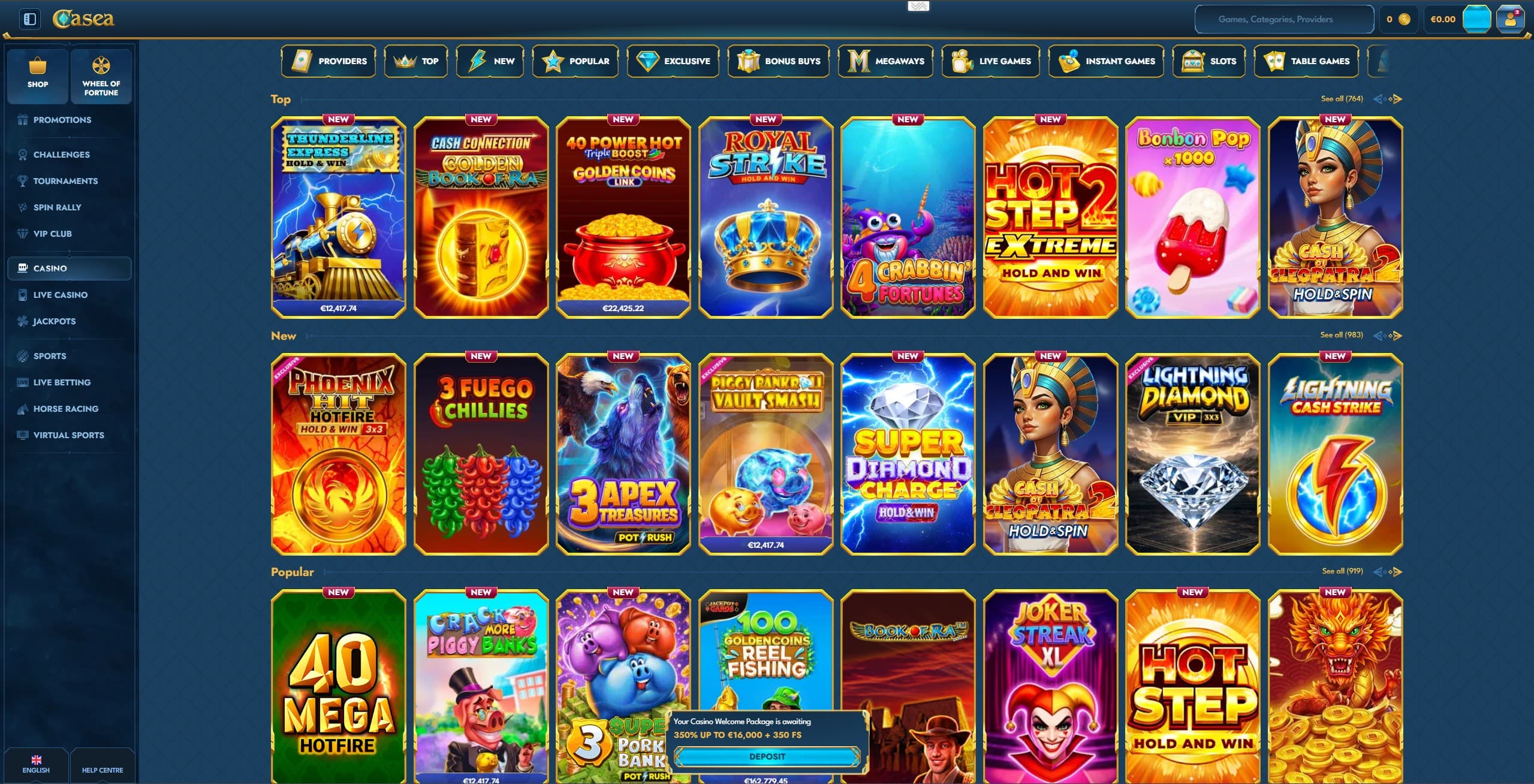 Casea Casino Games Page showing a selection of slot games