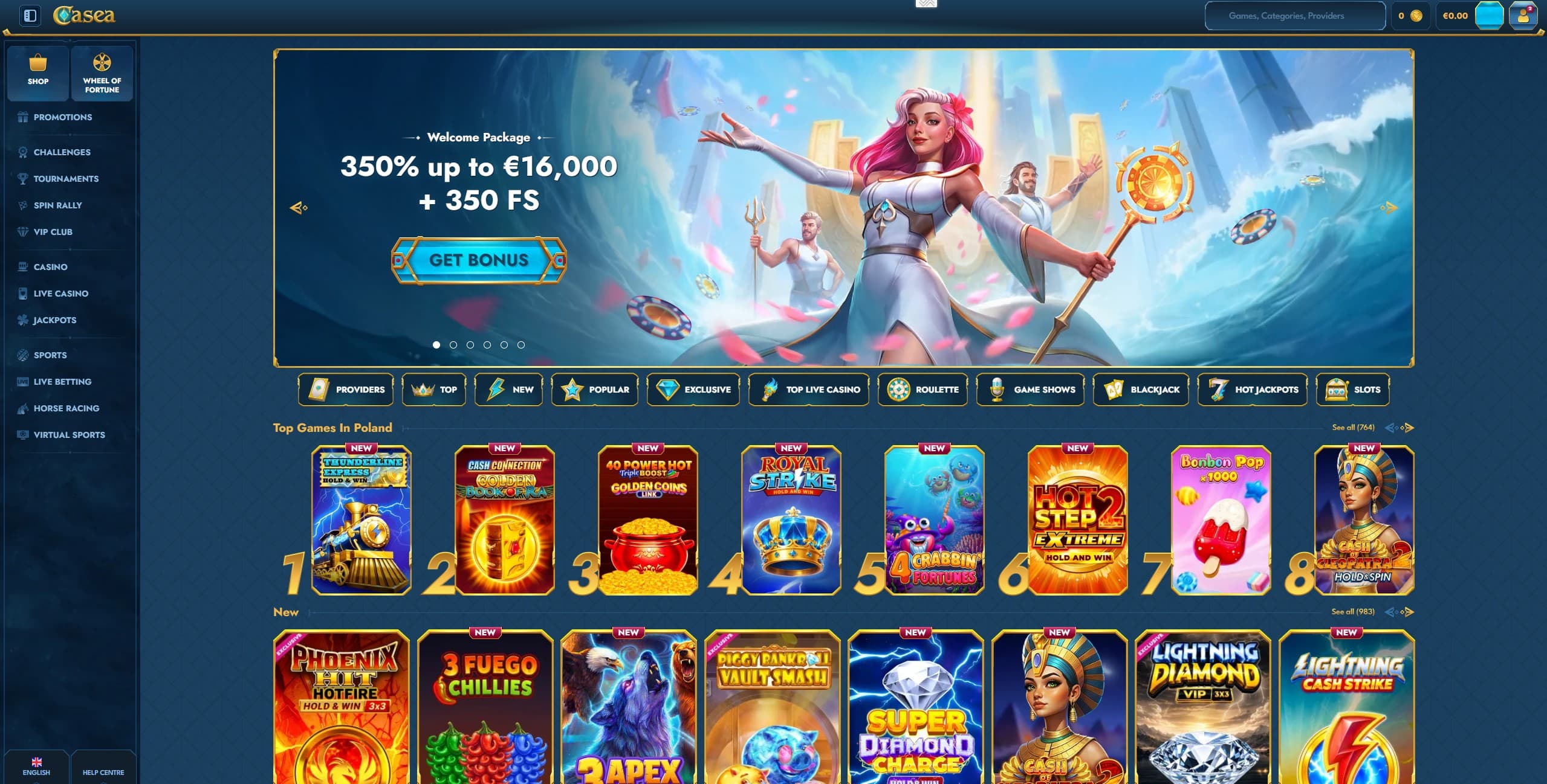 Casea Casino Landing Page showing a few games, game categories and the main menu