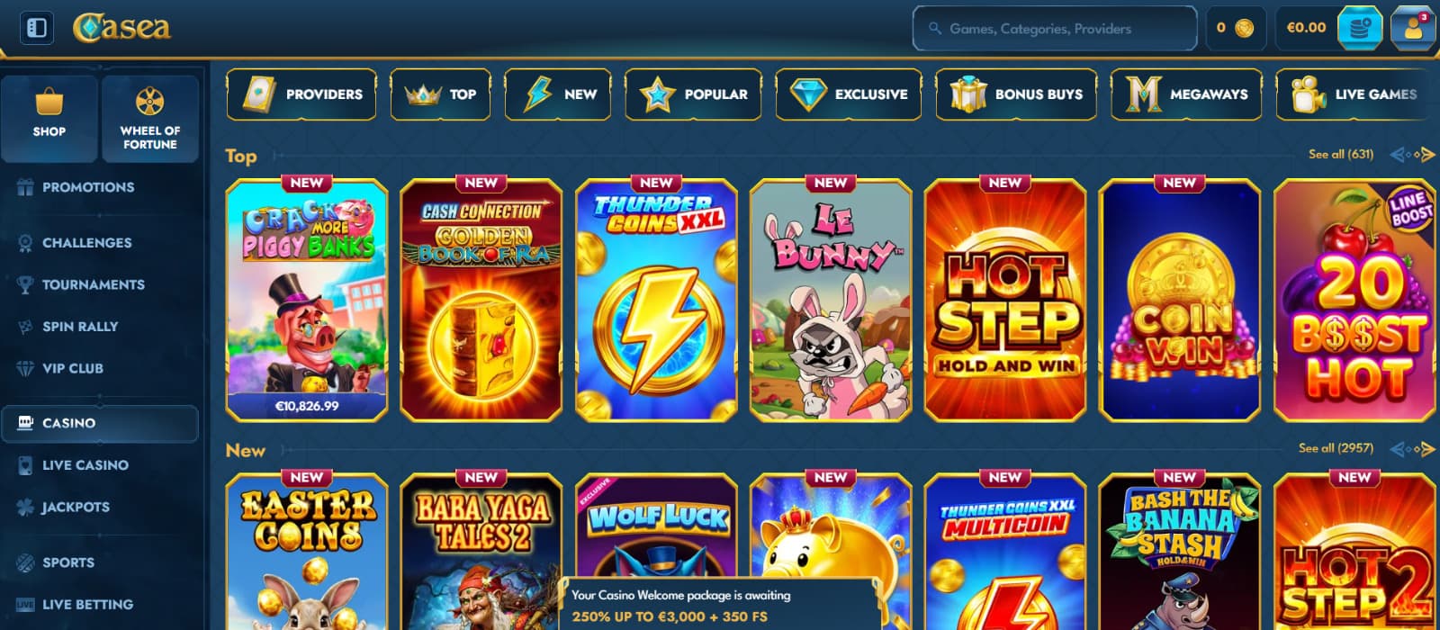 Casea Casino games page showing slot categories, featured games, and a large game grid with popular titles and providers