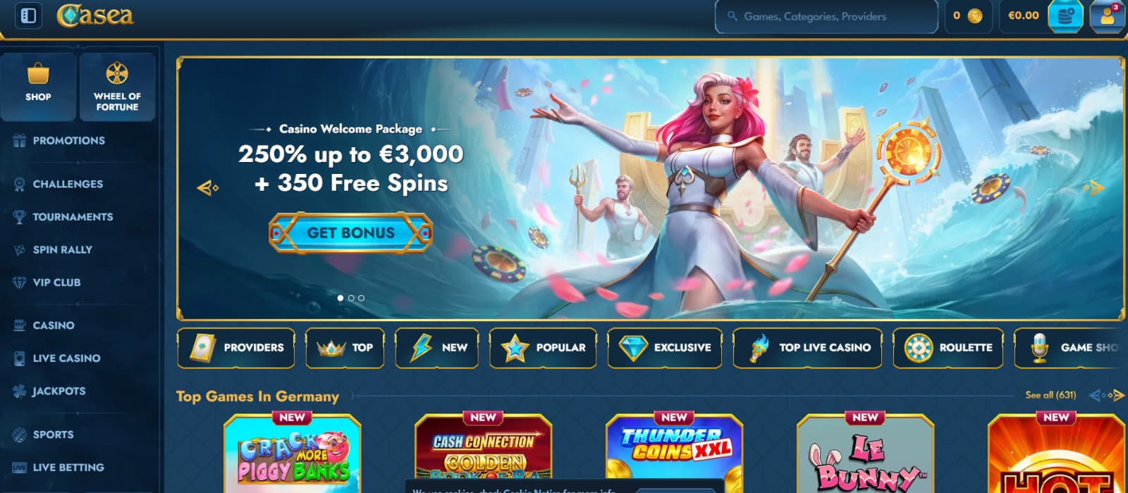 Casea Casino homepage displaying welcome bonus banner, navigation menu, game categories, and featured slots and sportsbook sections