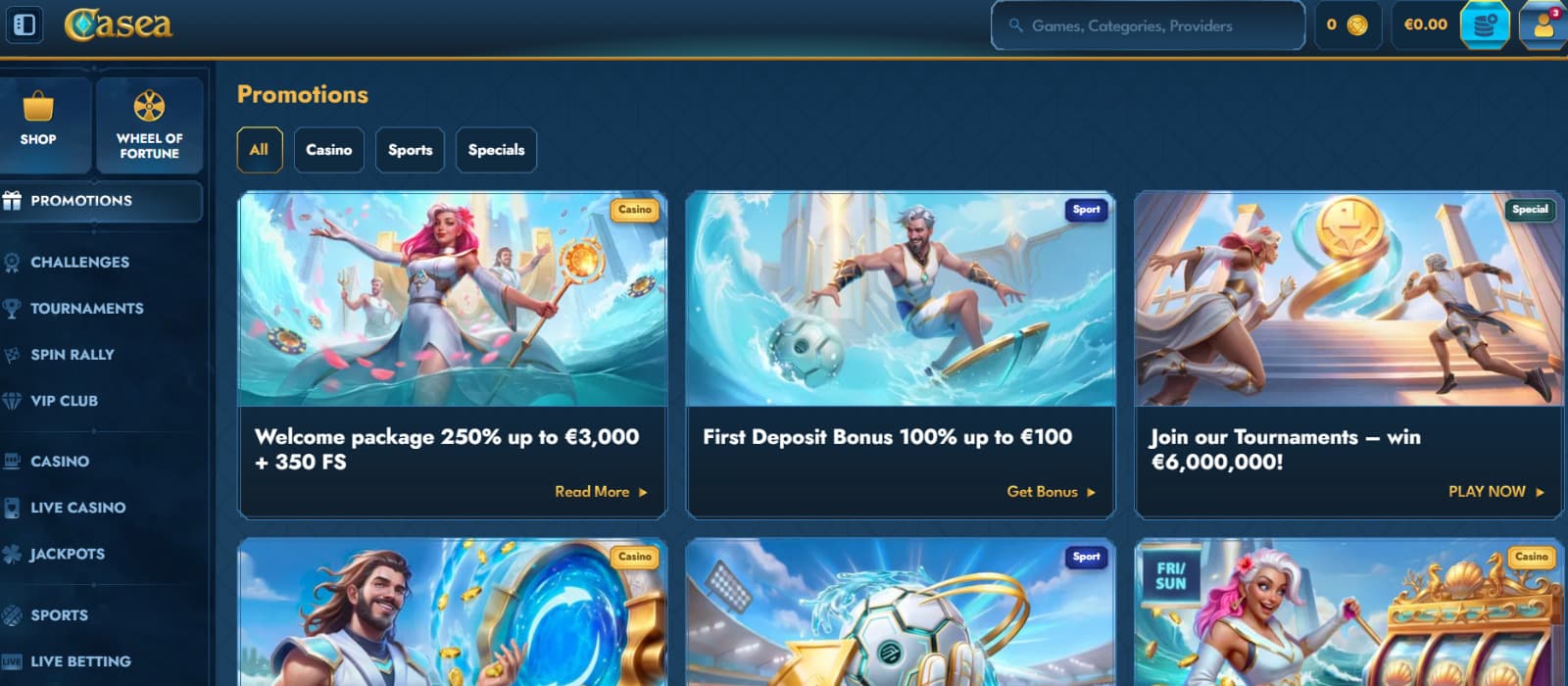 Casea Casino promotions page highlighting welcome bonus, deposit offers, and tournament promotions in a grid layout