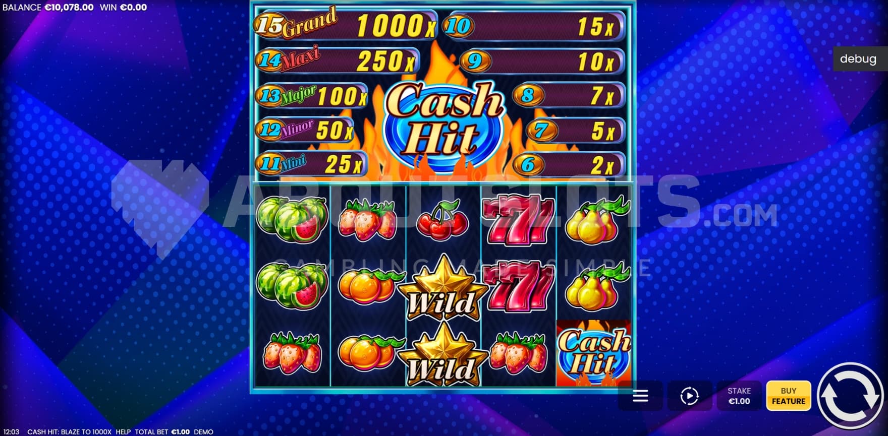 Cash Hit paytable above the reels