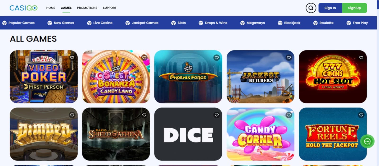 CasiGo Casino games page with the colorful slot game icons and top navigation menus with game categories listed