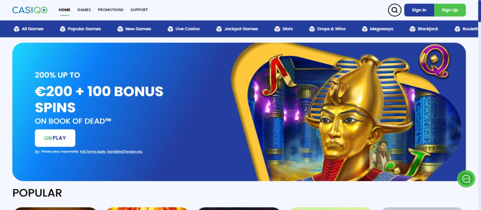 CasiGo Casino landing page with the welcome bonus offer banner and top navigation menus and Book of Dead slot game icon