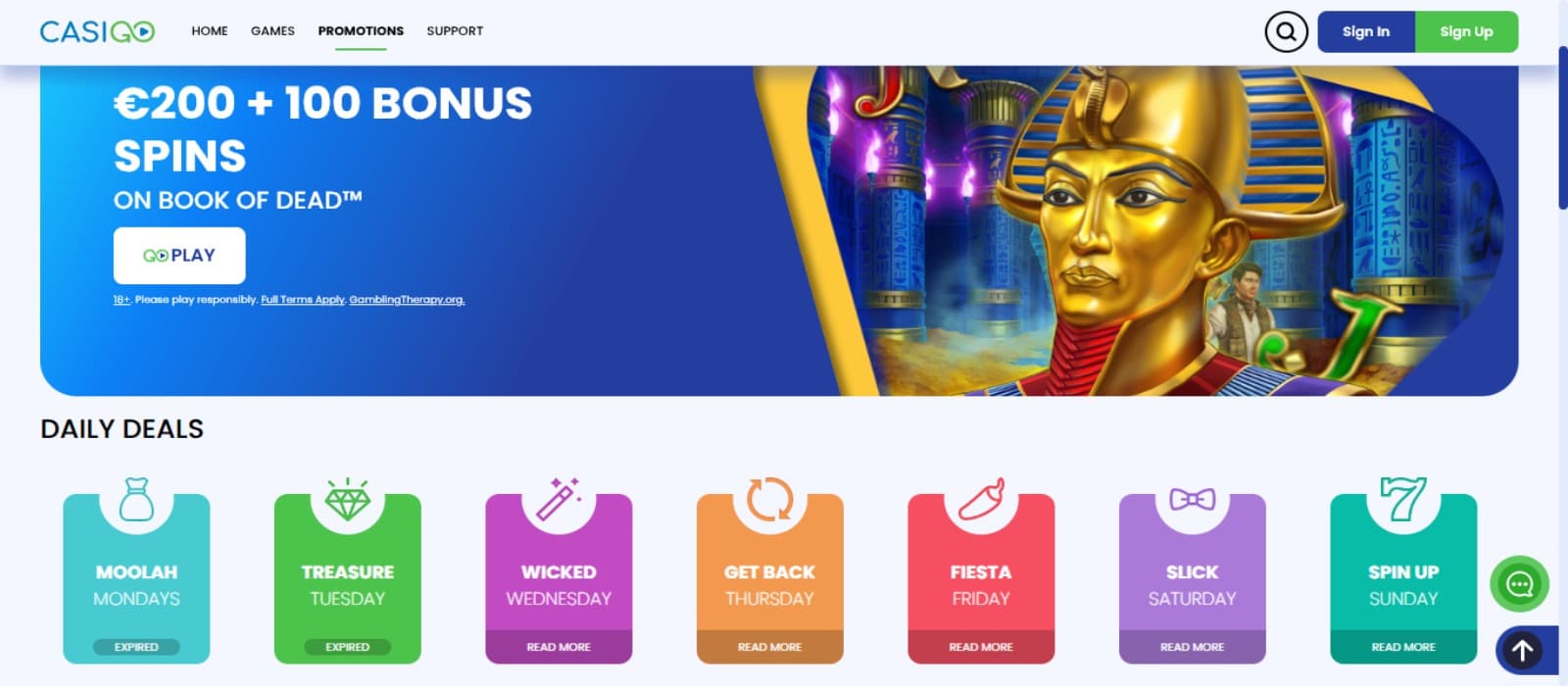 CasiGo Casino promotions page with the welcome bonus and other bonus offer banners and top navigation menus