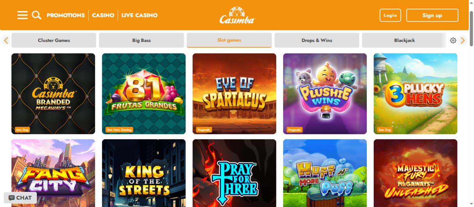Casimba Casino games page with the colorful slot game icons, top navigation menus and game category menus