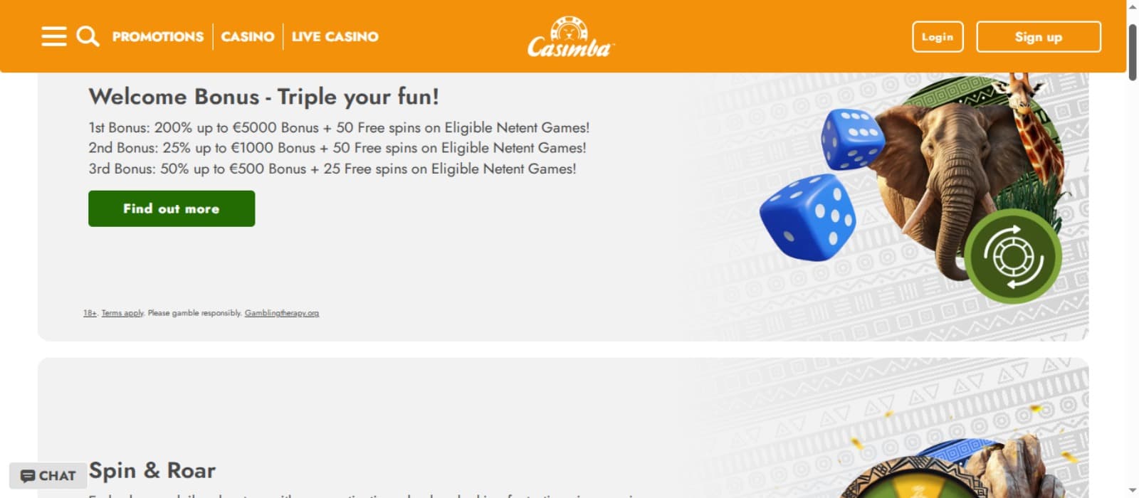 Casimba Casino promotions page with the welcome bonus offer banner, spin & roar offer banner and top navigation menus