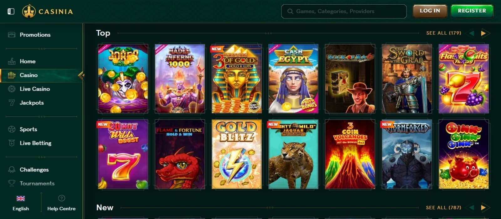 Casinia Casino games page with the various slot game icons, side navigational menus and green background