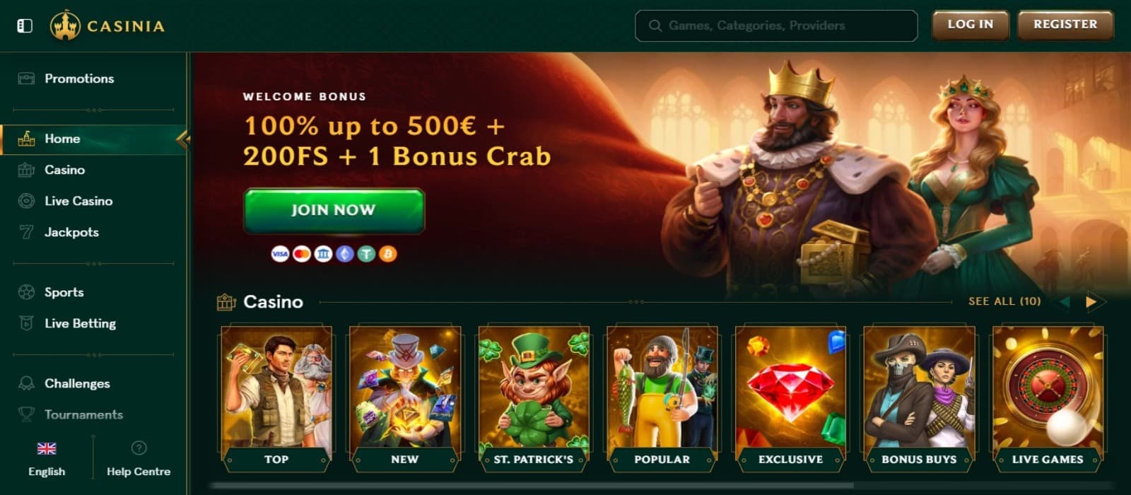 Casinia Casino landing page with the welcome bonus offer banner depicting a queen and a king and other game icons below with the side navigational panel