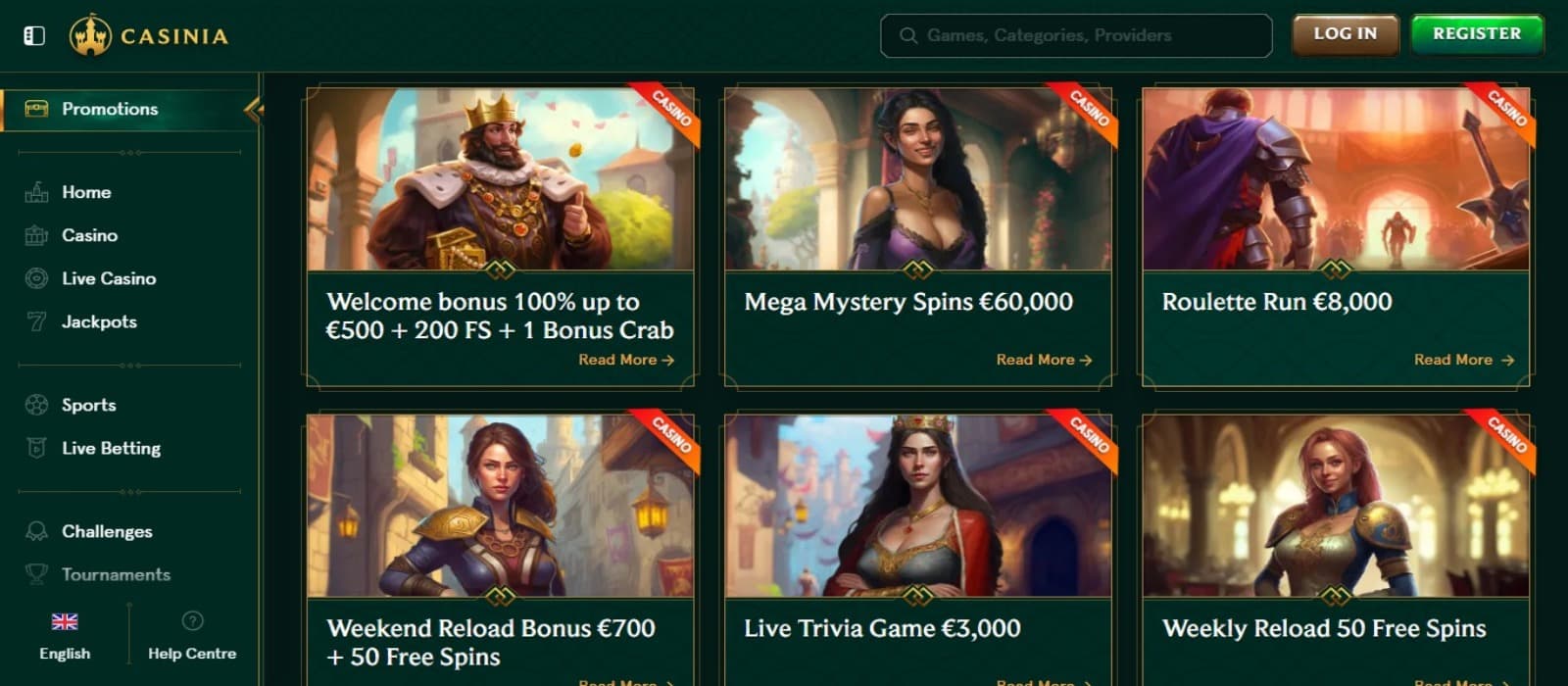 Casinia Casino promotions page with the various bonus offer banners and side navigational menus