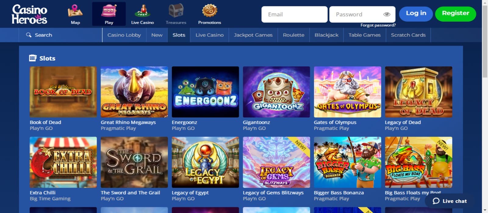 CasinoHeroes Casino games page with the various slot game icons and top navigational menus with game categories