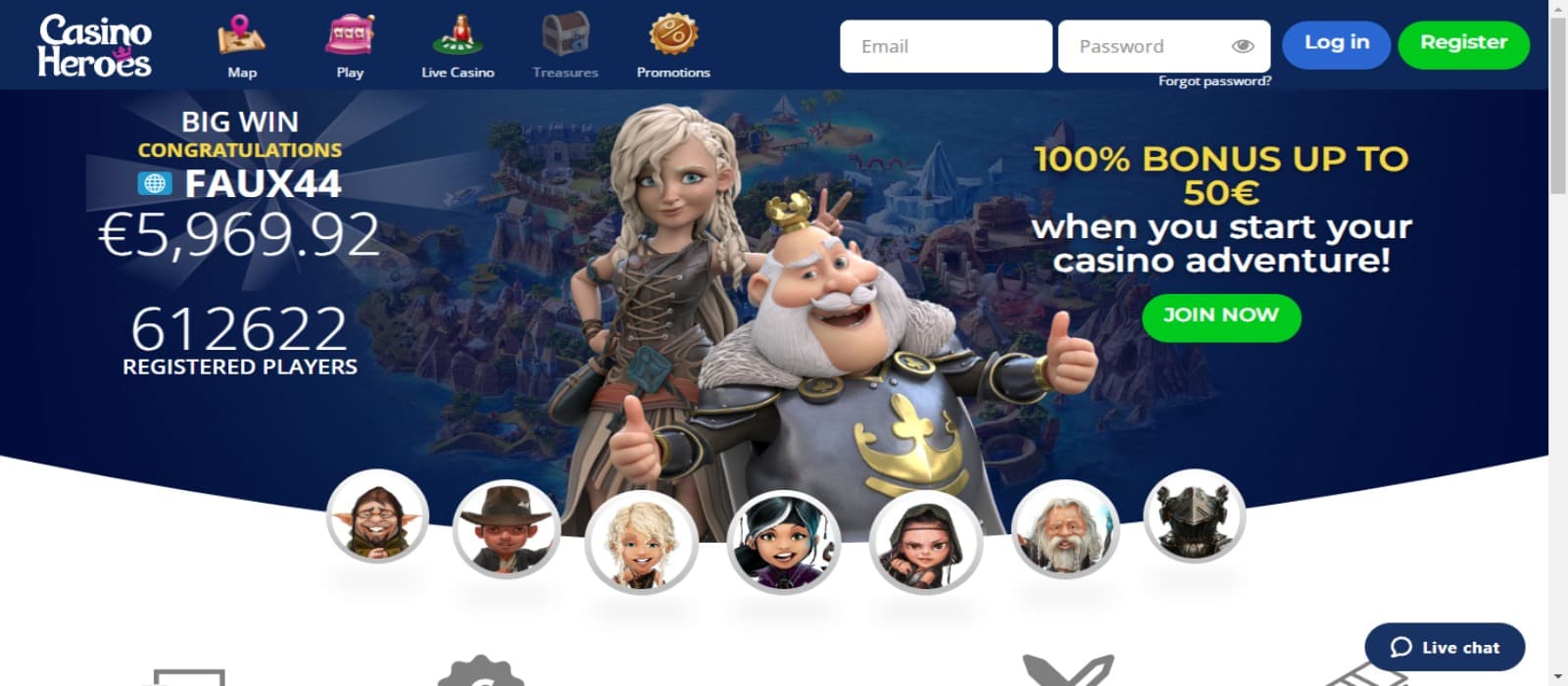 CasinoHeroes Casino landing page with the welcome bonus banner having animated characters and top navigational menus