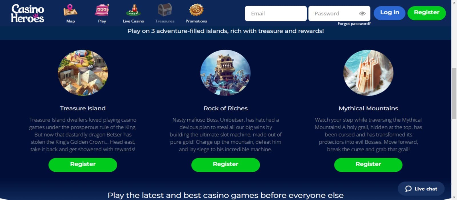 CasinoHeroes Casino promotions page with the three island games as part of loyalty program and description of each game