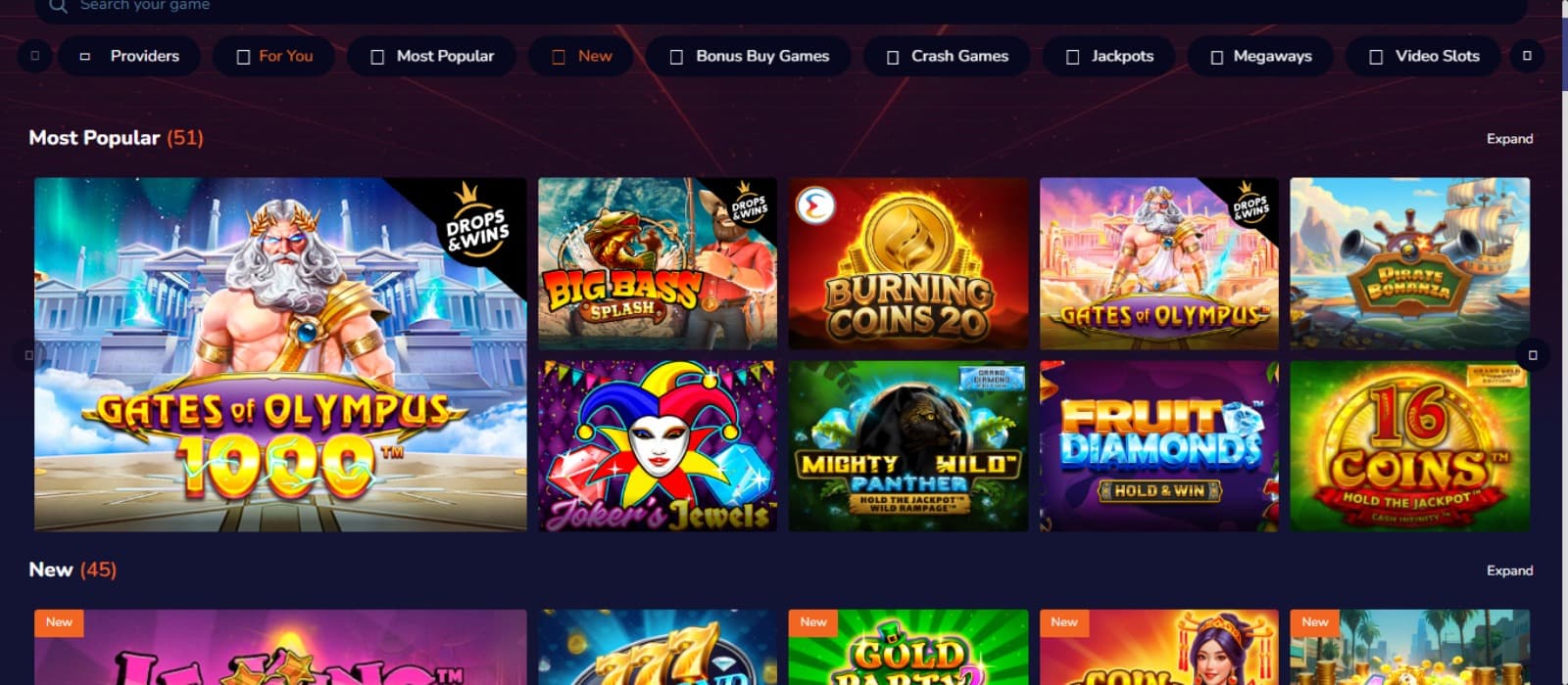 CasinoMega Casino games page with the colorful slot game icons, and game categories above