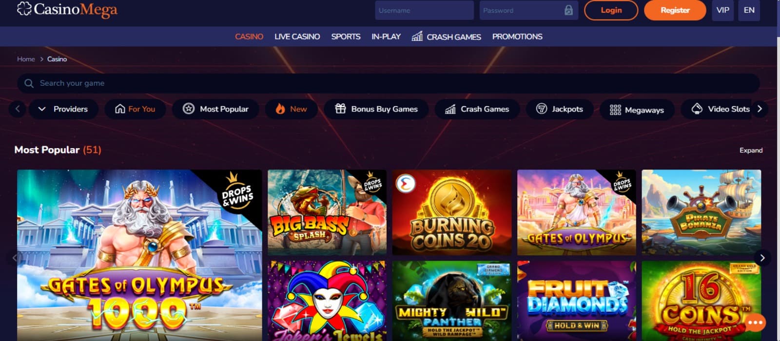 CasinoMega Casino landing page with the colorful slot game icons, game category filters and top navigational menus