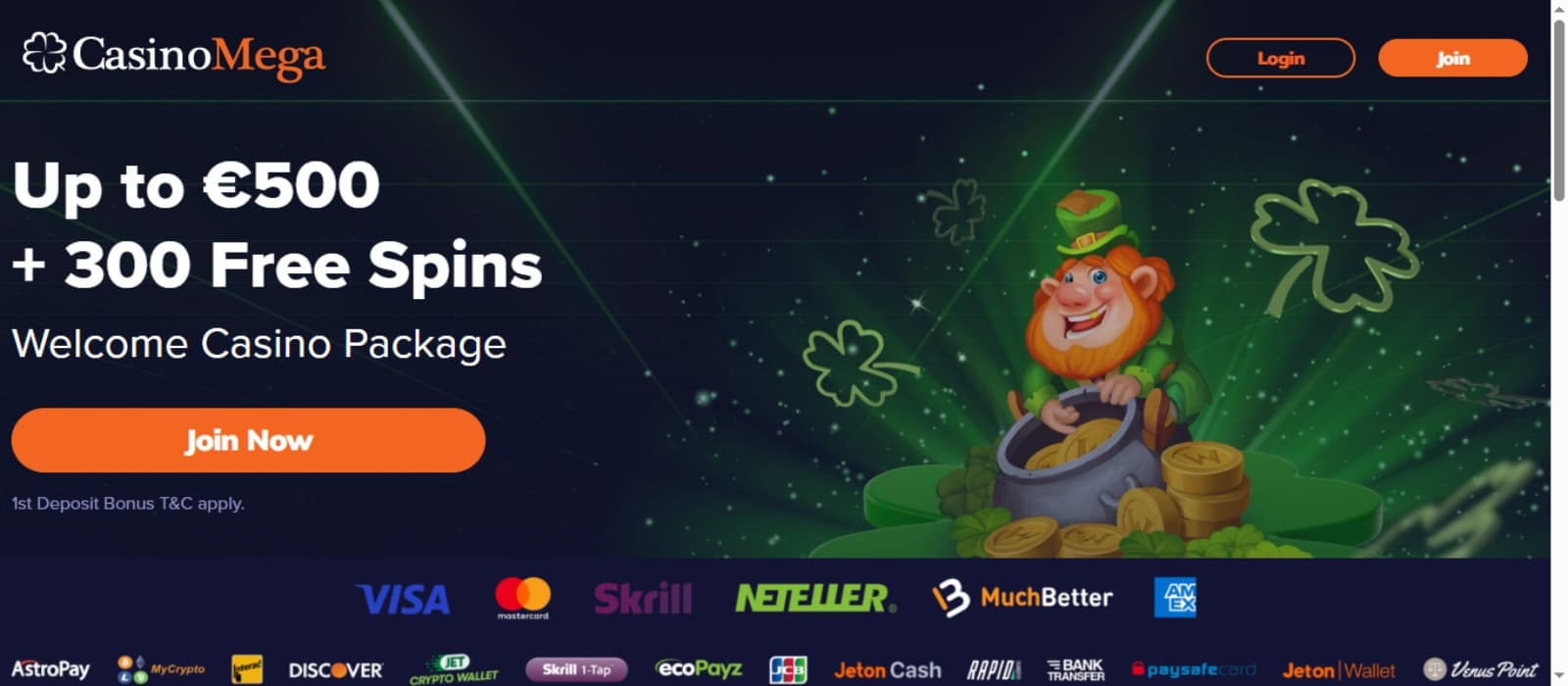 CasinoMega Casino promotions page with the welcome bonus offer banner, payment channels below and sign up option at the top