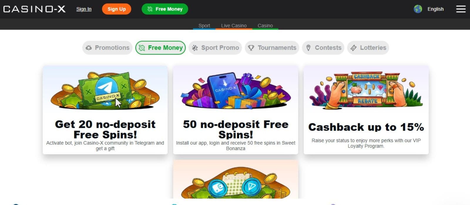 Casino-X promotions page showing no-deposit free spins offers and cashback up to 15% through the VIP program.