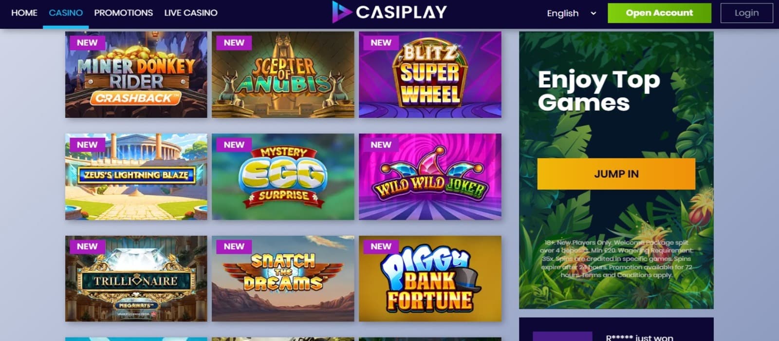 Casiplay Casino games page with the slot game icons on the site and top navigational menus with a sign up banner on the right hand side