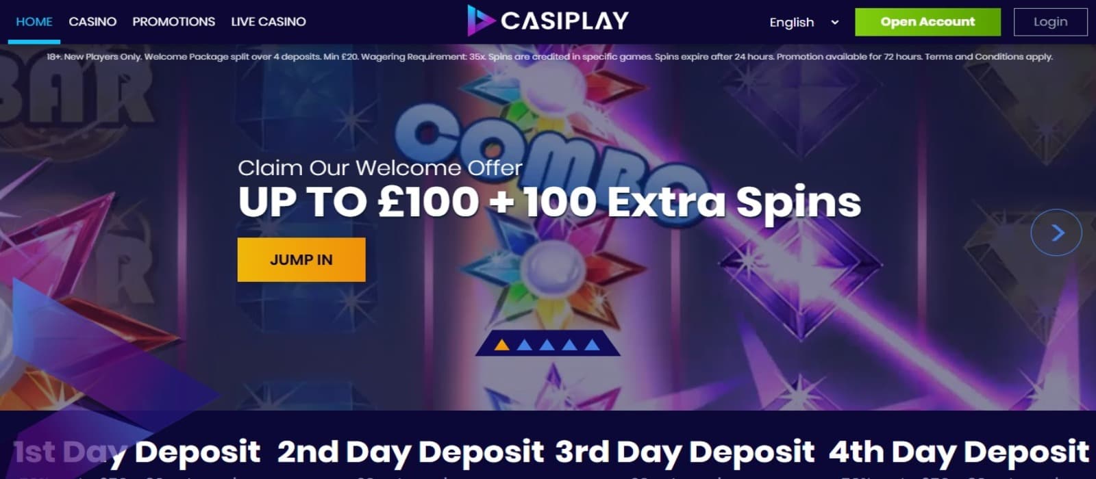 Casiplay Casino landing page with the welcome bonus offer banner and top navigational menus