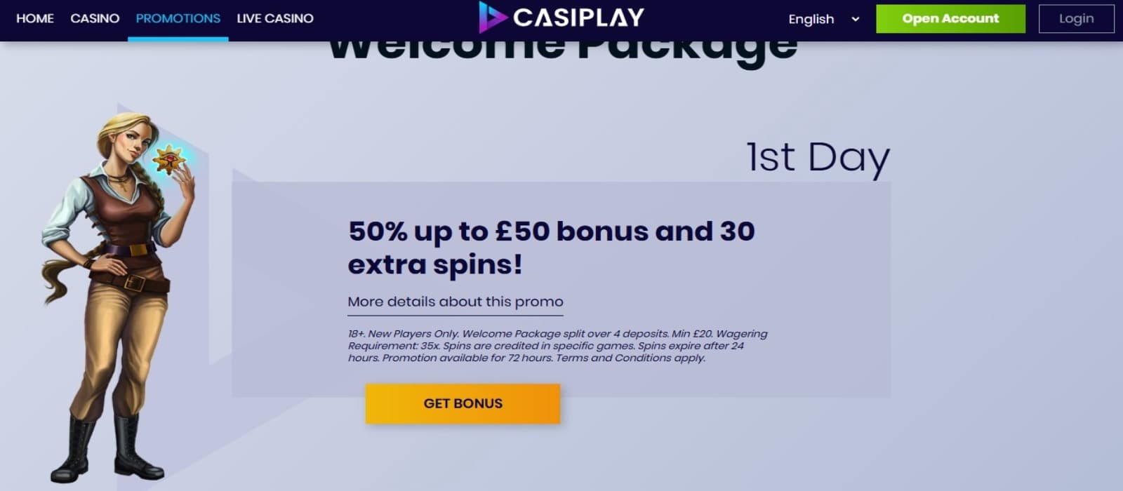 Casiplay Casino promotions page with the first deposit welcome bonus offer banner and top navigational menus