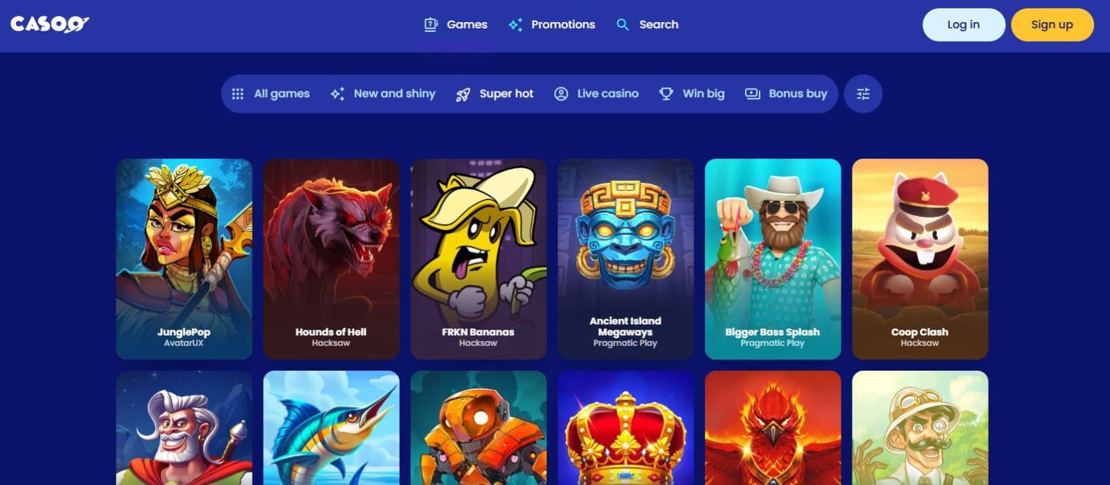 The games section of Casoo Casino showcases a rich selection of casino games, such as Crystal Robot, Dragon Hopper, and more.